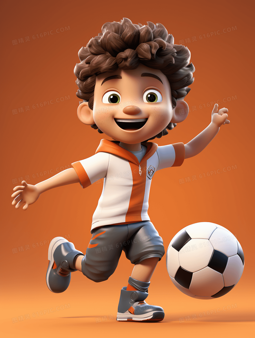 踢足球的小男孩3D插画