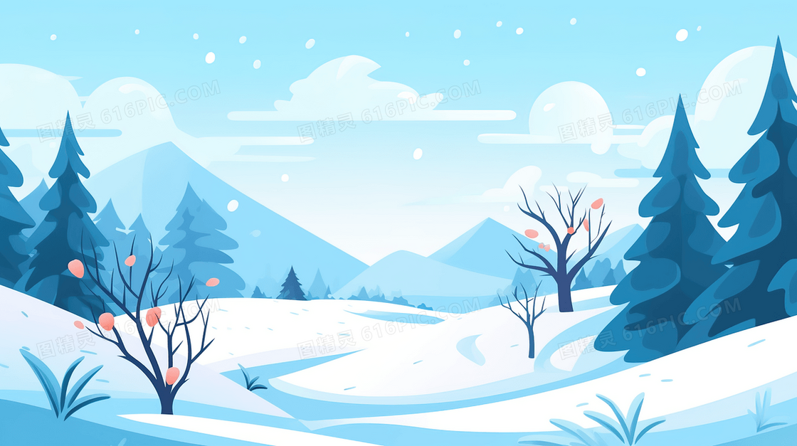 冬季大山松树林雪景插画