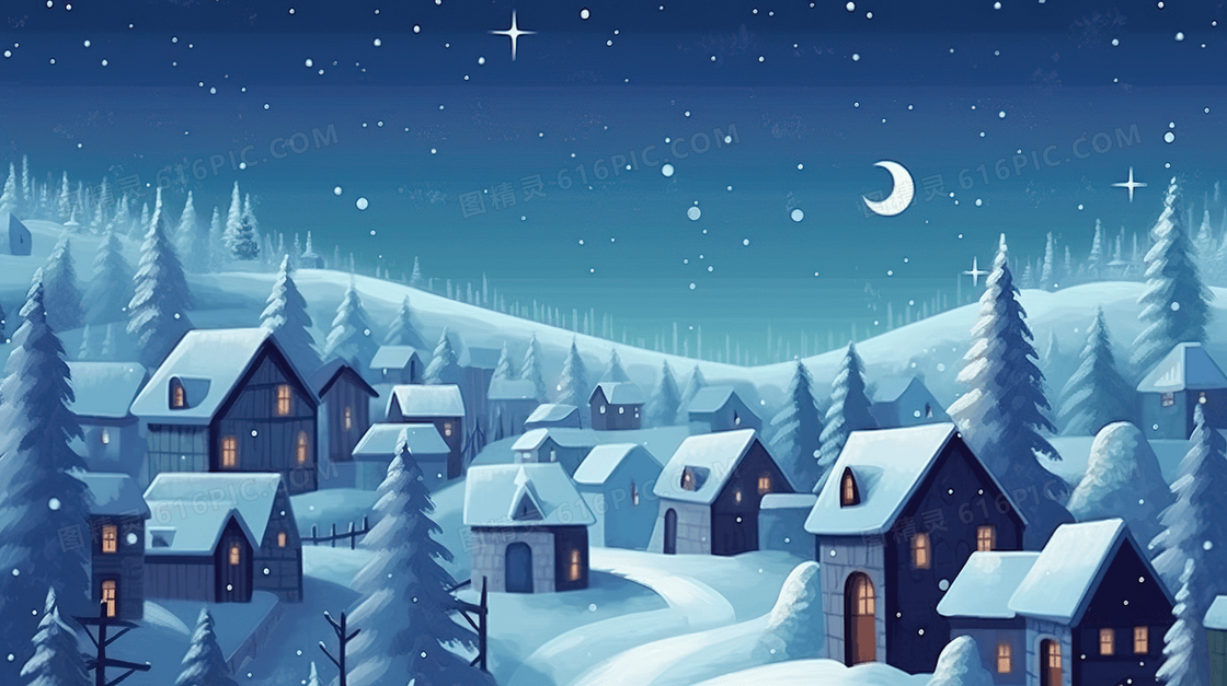 冬天乡村小镇的夜景插画