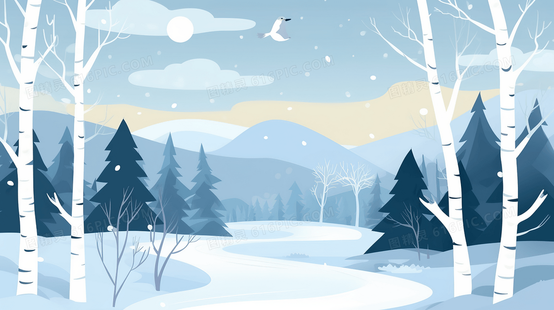 冬季大山松树林雪景插画
