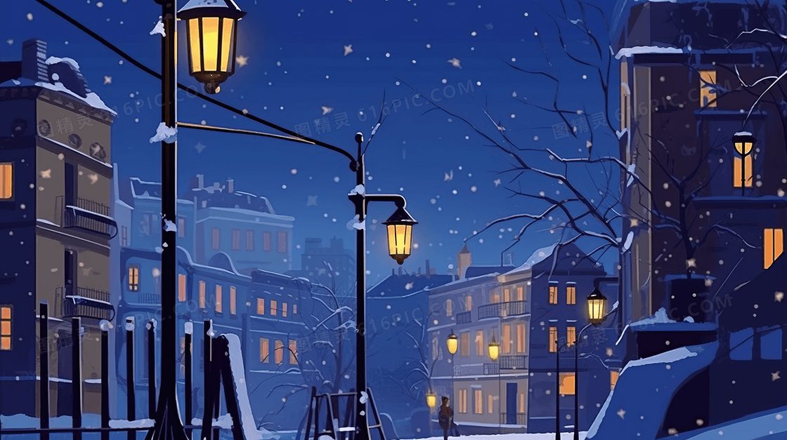 冬季城市大雪夜景插画