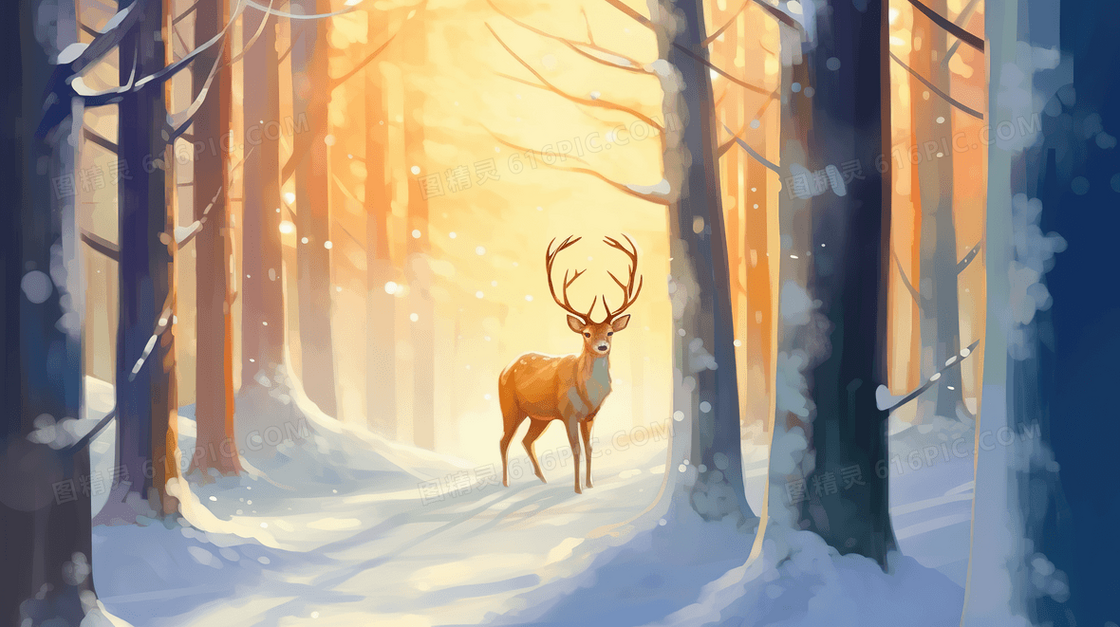 冬季晨光下山林里的驯鹿插画