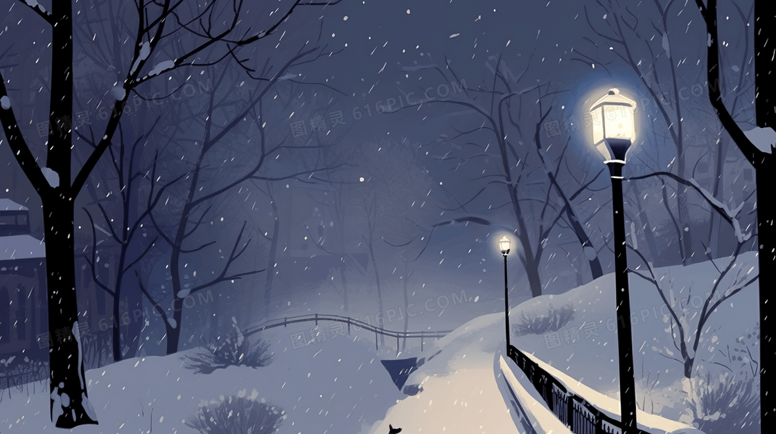 冬季路灯下的积雪道路插画