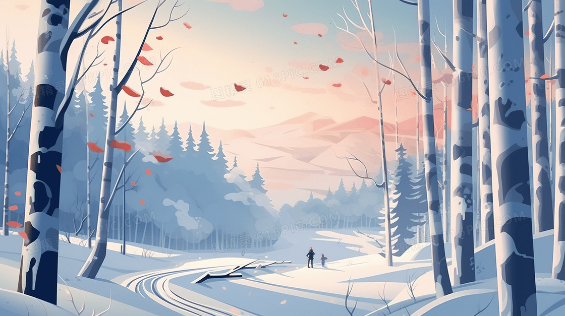 积雪桦树林清晨唯美雪景插画