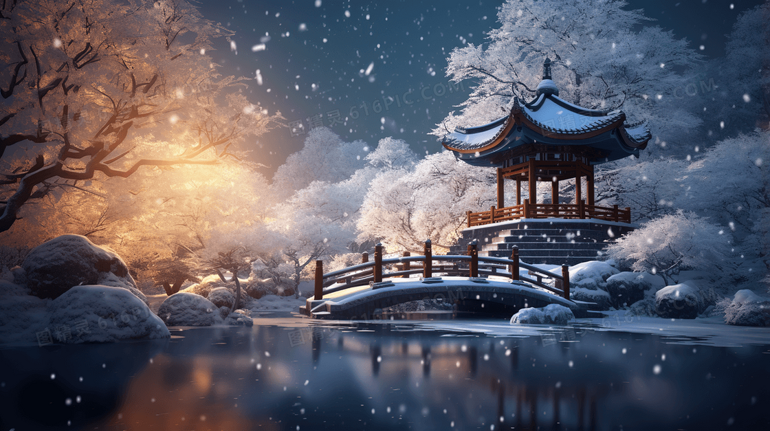 冬季大雪凉亭小桥夜景插画