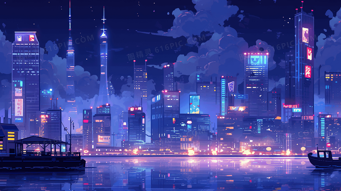 夜上海外滩灯光夜景插画