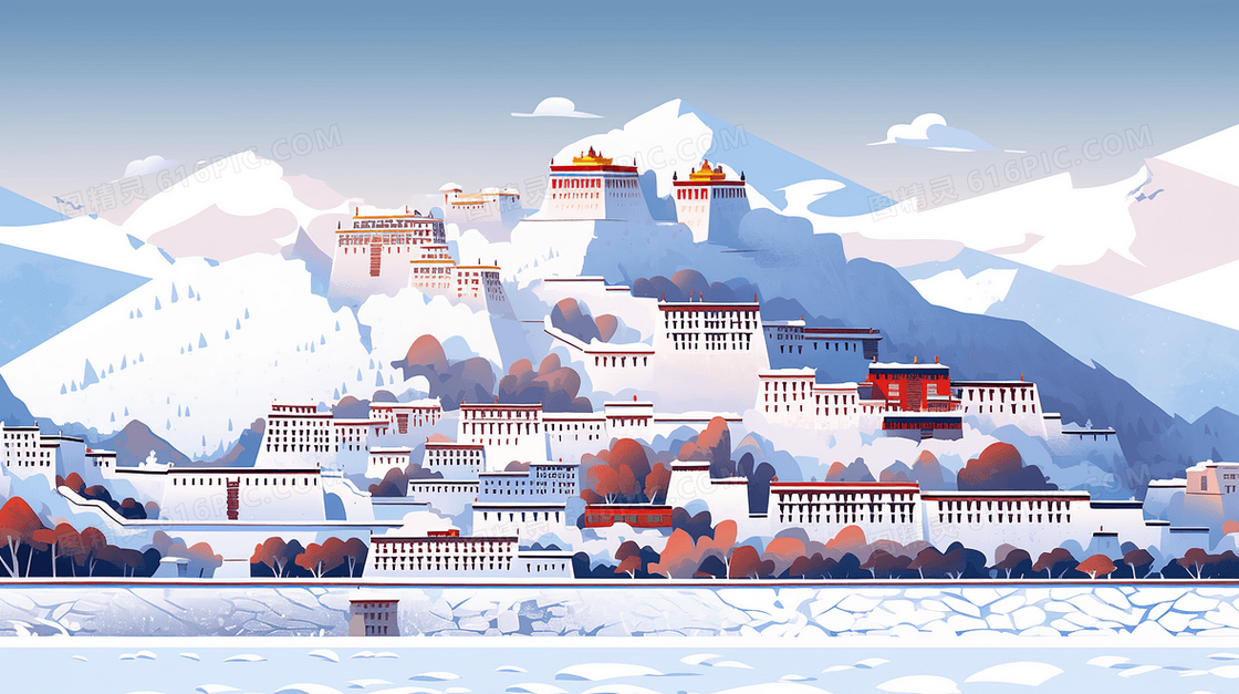 西藏拉萨白色布达拉宫建筑插画