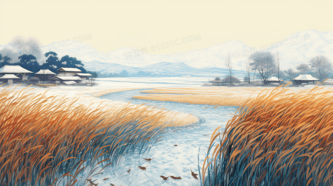 乡村河边茂密芦苇唯美风景插画
