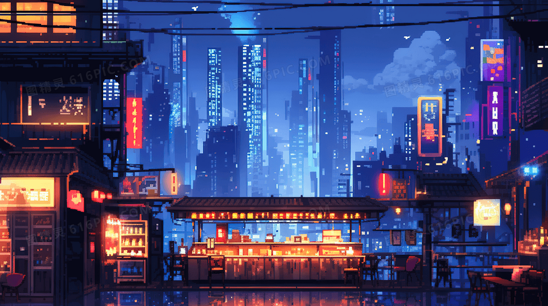 夜上海城市霓虹灯马赛克夜景插画