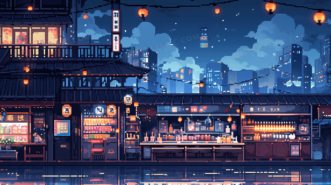 夜上海城市霓虹灯夜景插画