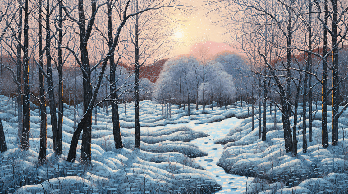 冬季山林日落唯美雪景插画