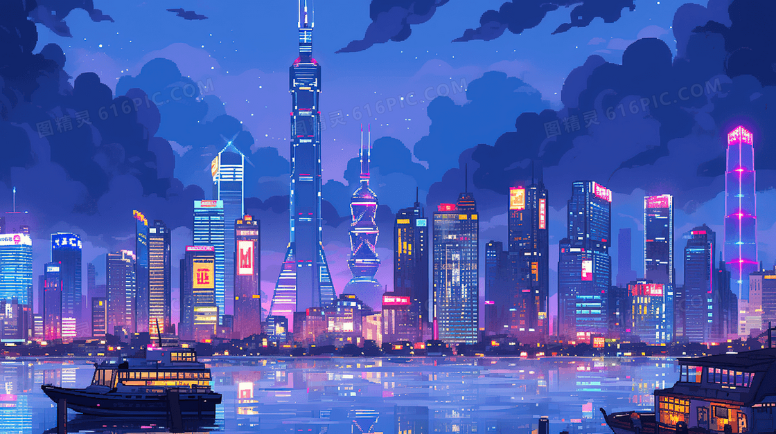 夜上海外滩灯光夜景插画