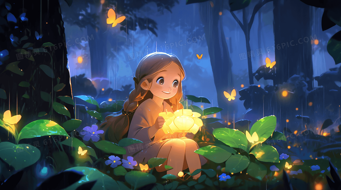 夜晚森林里小女孩找寻森林精灵插画
