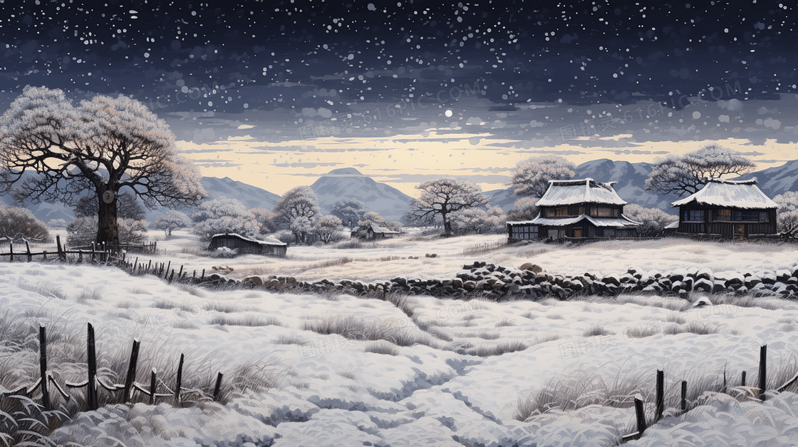 冬季中国乡村土坯房雪景插画