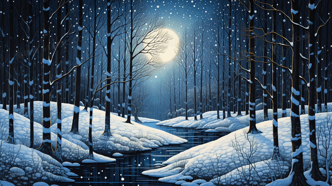 冬季星空下的雪地山林插画