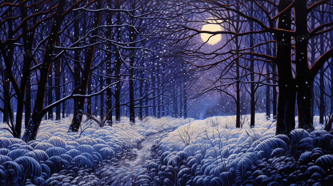 冬季星空下的积雪森林夜景插画