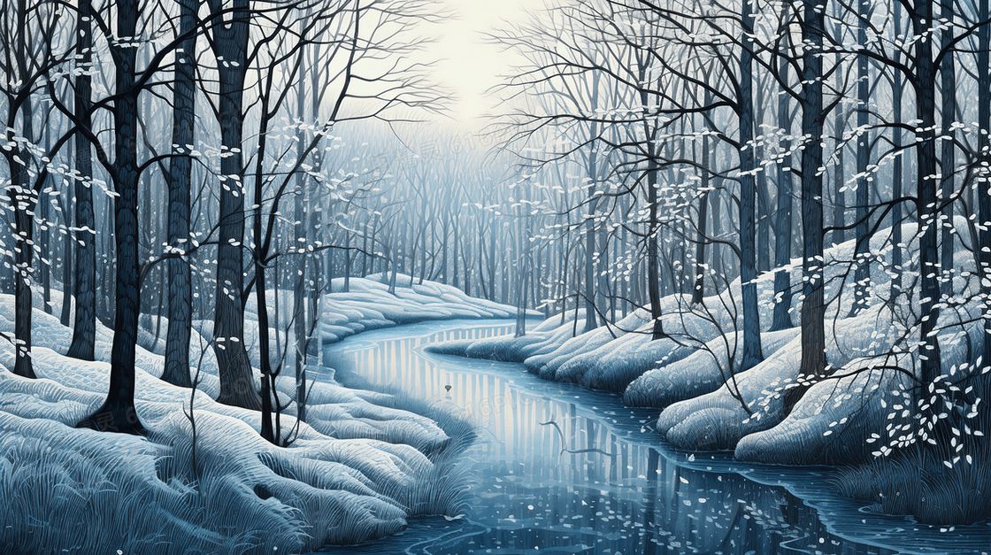 冬季雪地森林溪流唯美雪景插画