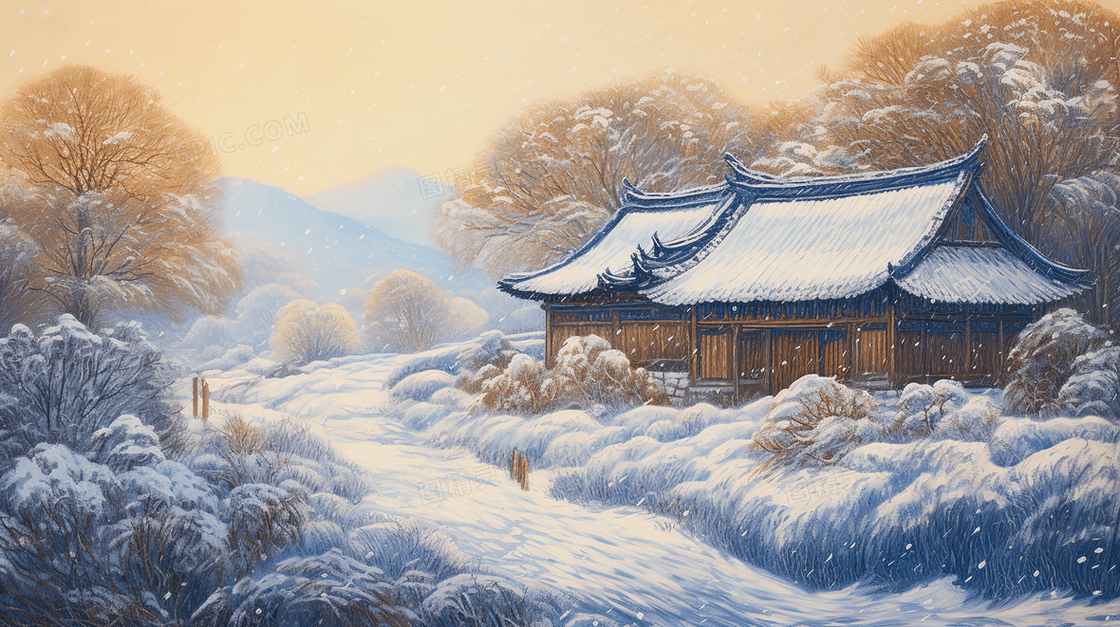 冬季积雪小木屋黄昏雪景插画