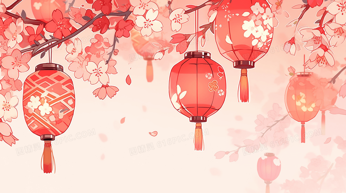 春节庆典鲜花彩灯灯笼装饰插画