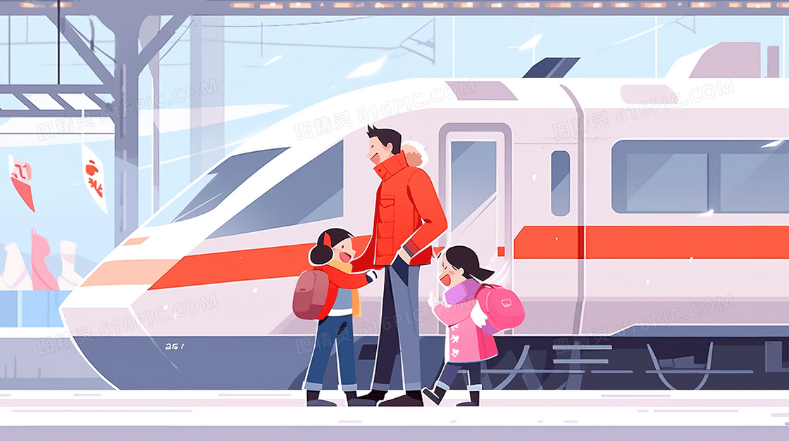 高铁列车前的父亲与女儿插画
