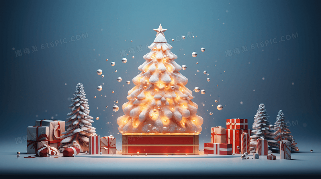 金色圣诞树和圣诞礼物概念图片