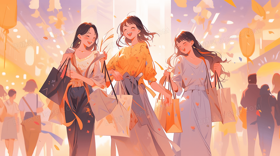 双十一女孩欢乐购物插画
