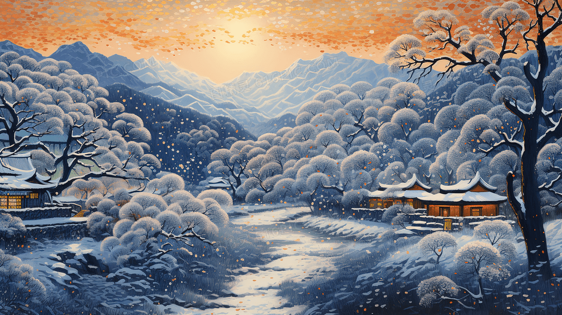 中国风纯净雪中山水风景树木插画