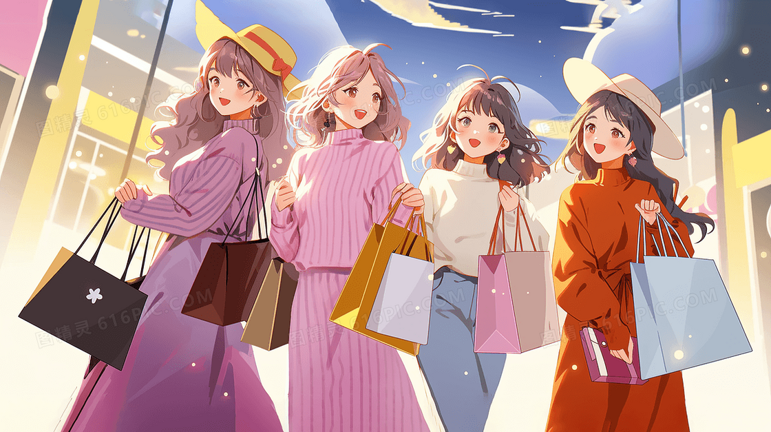 双十一女孩欢乐购物插画