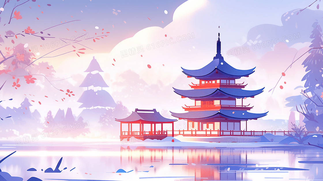 中国风湖中楼阁建筑唯美风景插画