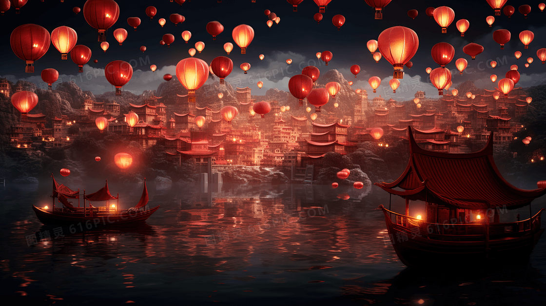 中元节古城空中红色孔明灯风景建筑插画