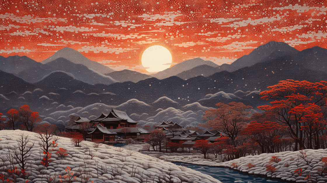 中国风雪中山水风景红色树木建筑插画