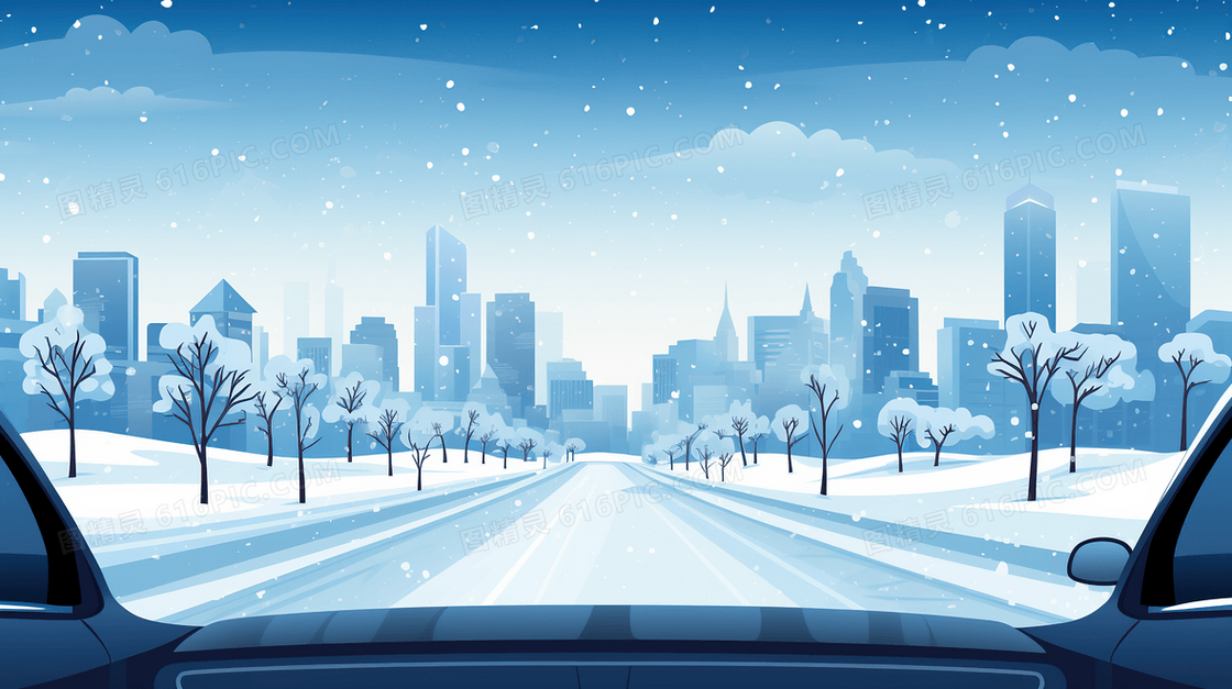 唯美冬季雪天雪地城市雪景插画