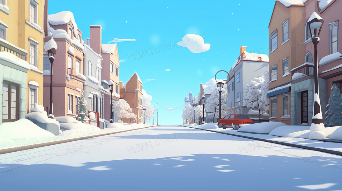 唯美冬季雪天雪地城市雪景插画