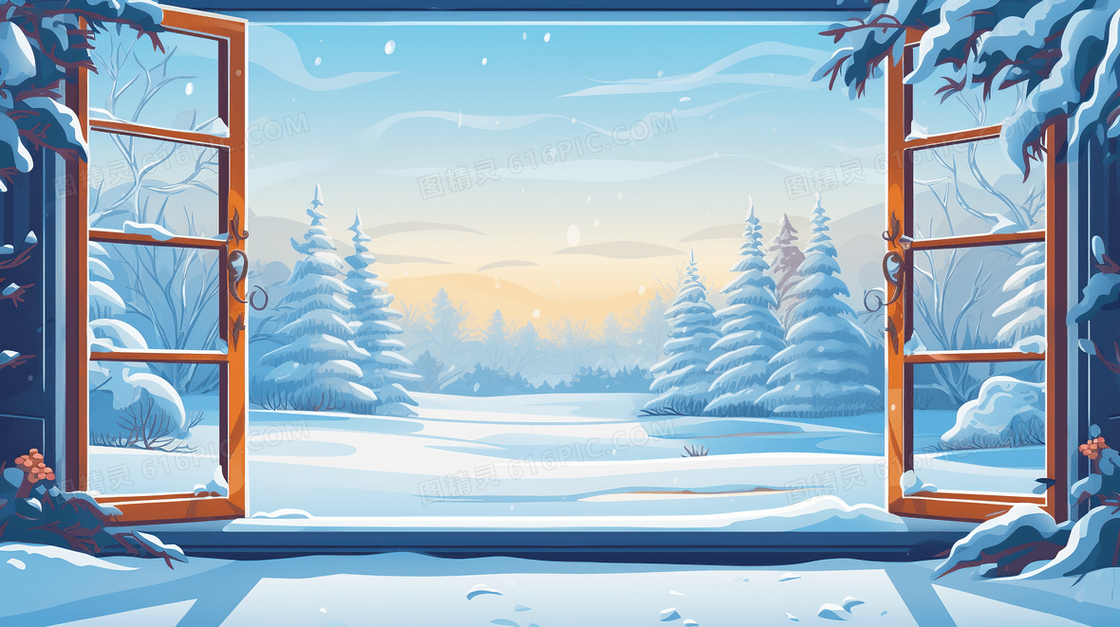 唯美冬季雪天雪地雪景插画