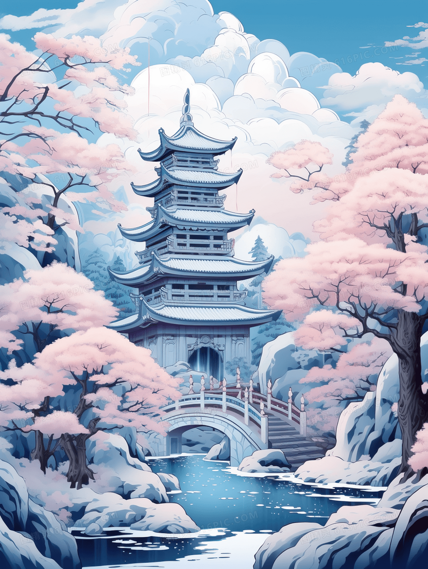 中国风山水冬天冬季插画
