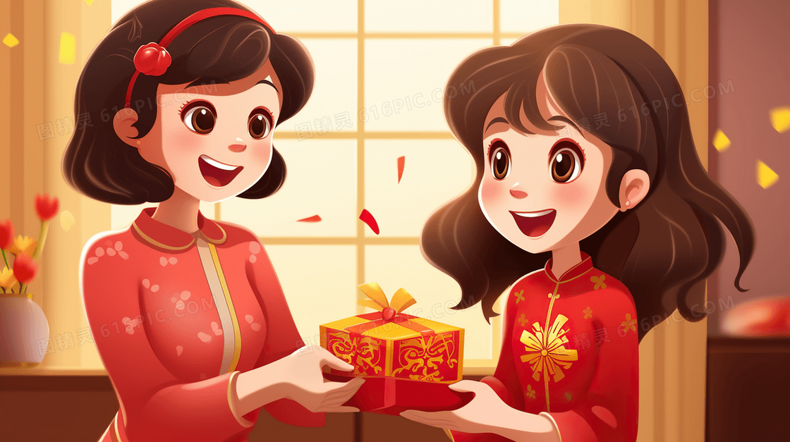 卡通2024龙年新年妈妈和孩子过年插画