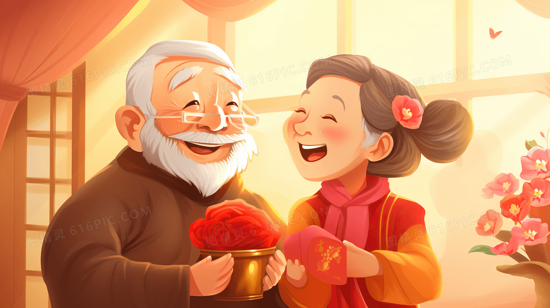 2024龙年新年爷爷奶奶过年插画