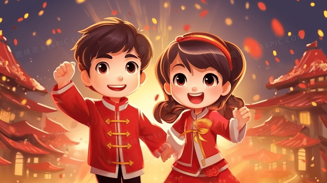 卡通2024龙年新年小孩过年插画
