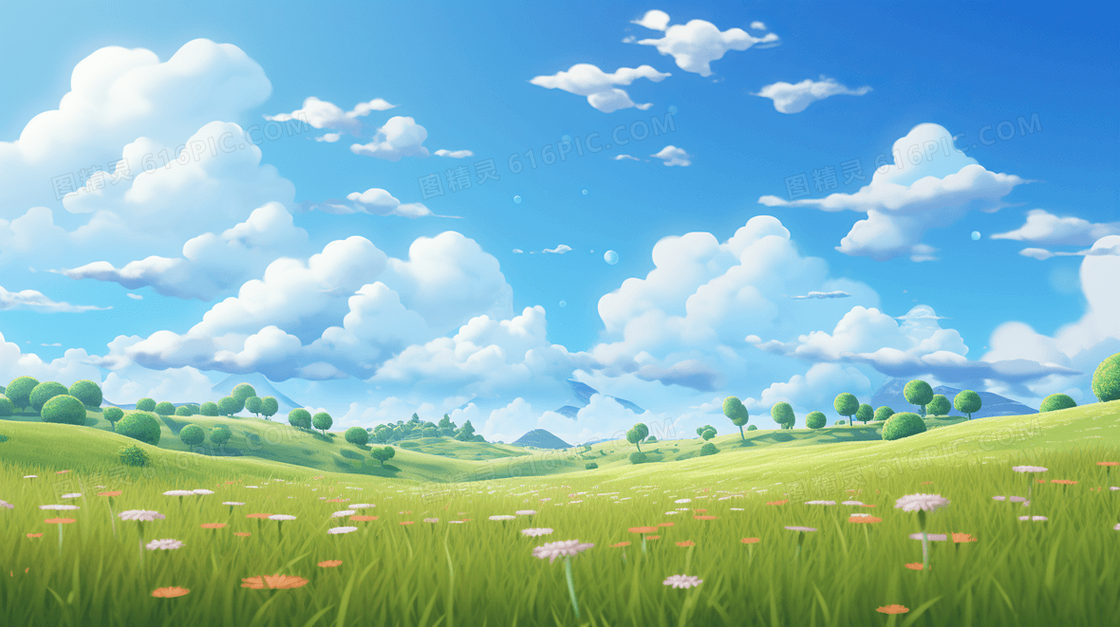 唯美春天草地风景插画