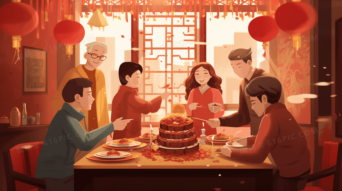 亲朋好友庆祝生日聚会插画