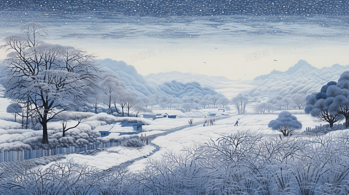 冬季雪地村庄的唯美雪景插画