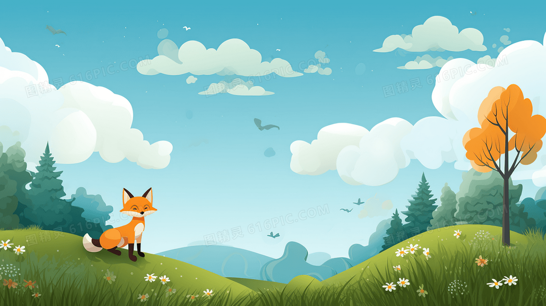 唯美春天草地上的小狐狸插画
