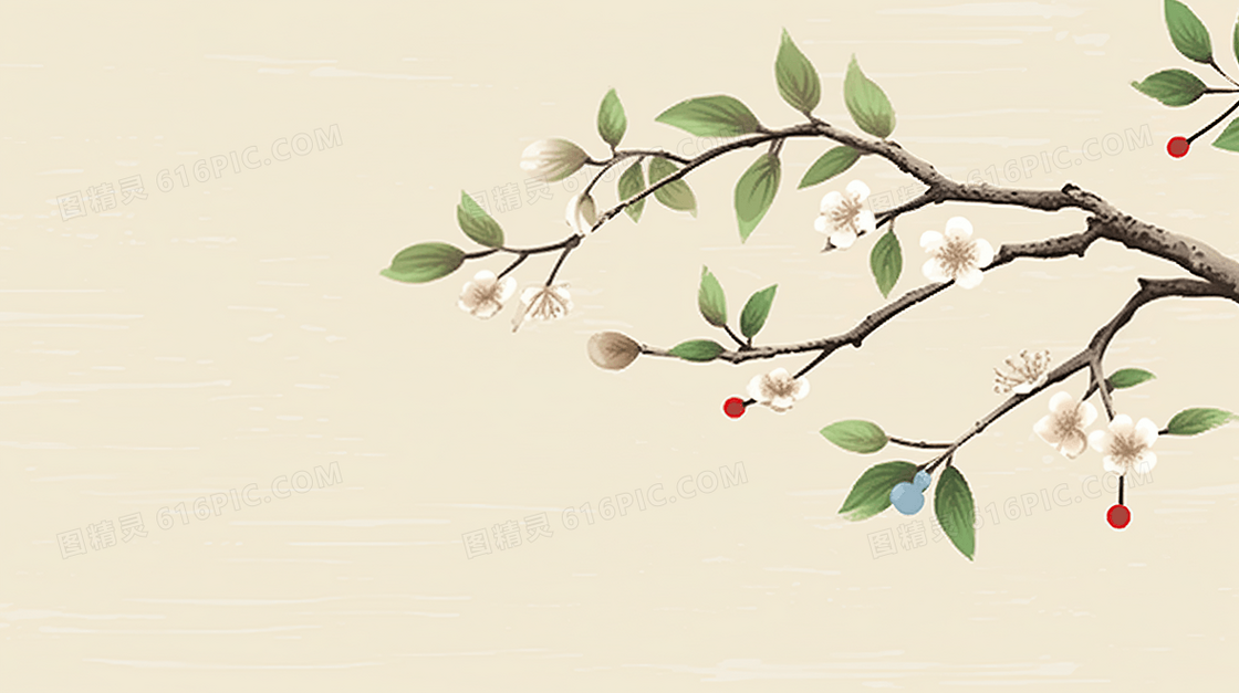 唯美春天植物树枝国画风景文艺春季插画