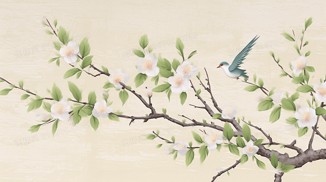 唯美春天植物树枝国画风景文艺春季插画