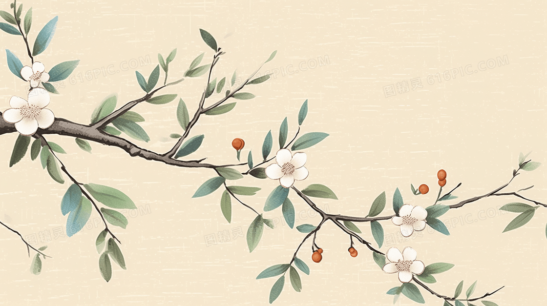 唯美春天植物树枝国画风景文艺春季插画