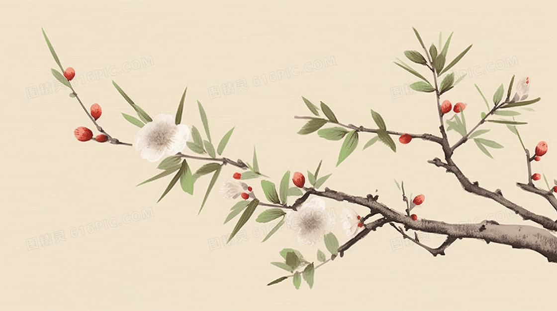 唯美春天植物树枝国画风景文艺春季插画