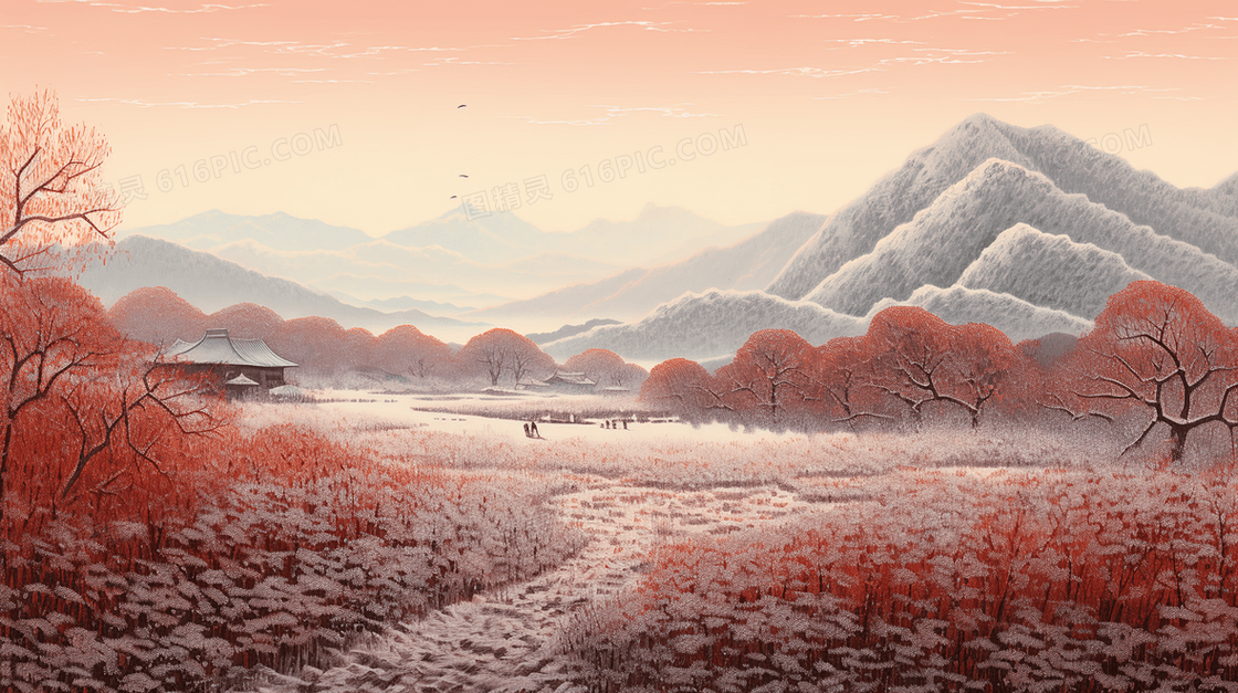 冬季大山红树林唯美雪景插画