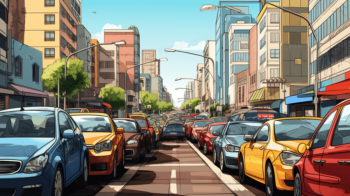 交通安全城市道路堵车插画