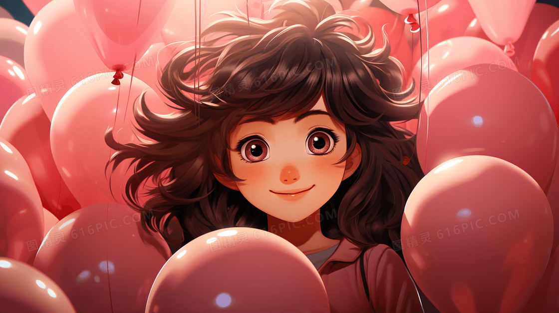 粉色气球卡通女孩梦幻童年插画