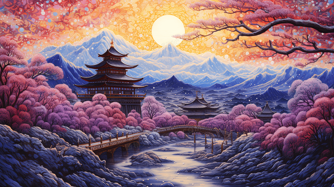 彩色中式山水风景插画